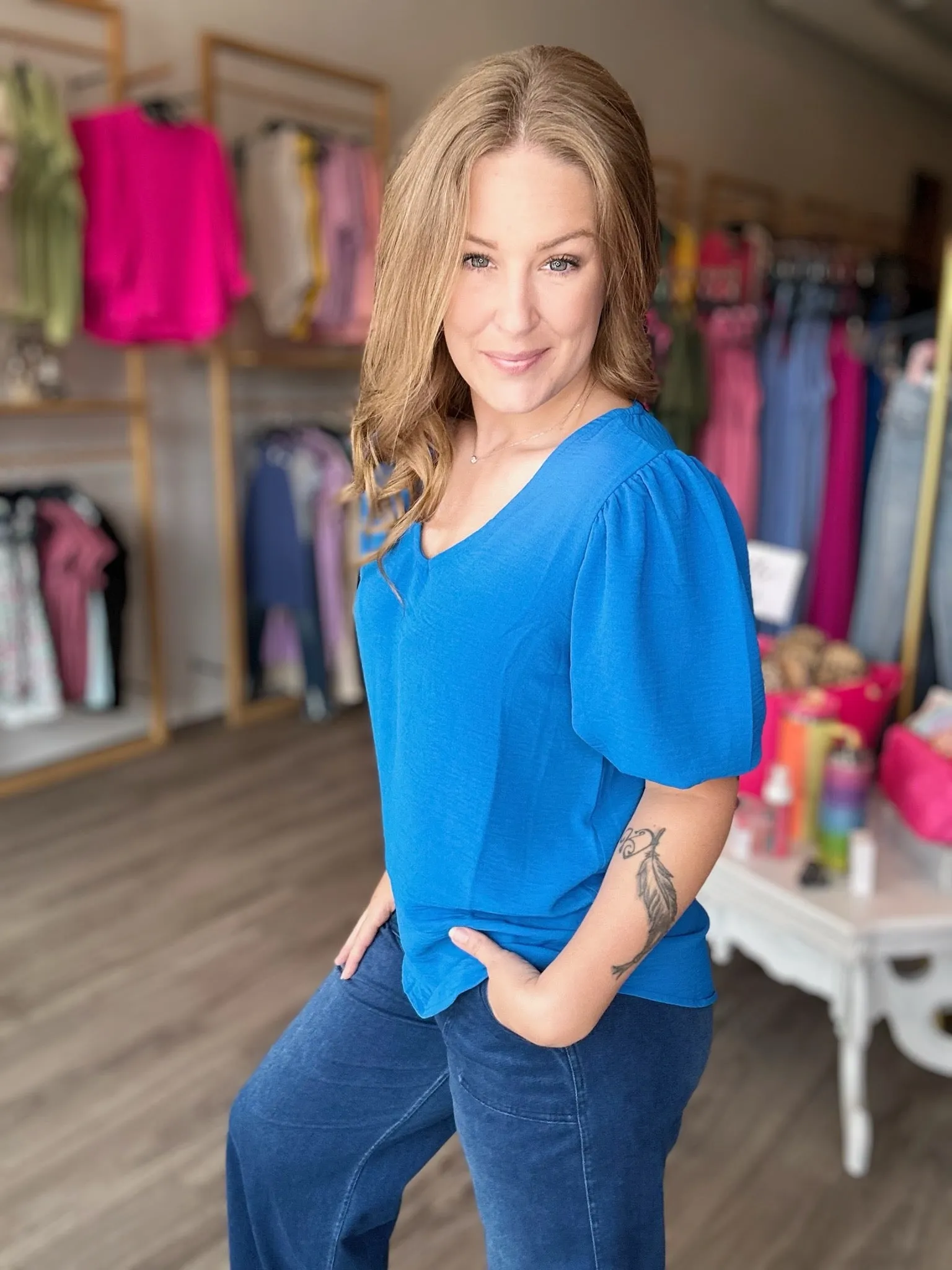 Ocean Blue Puff Sleeve Top