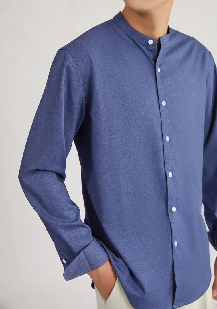 Plain Mandarin Collar Long Sleeve Shirt (Light blue or Blue) 6511