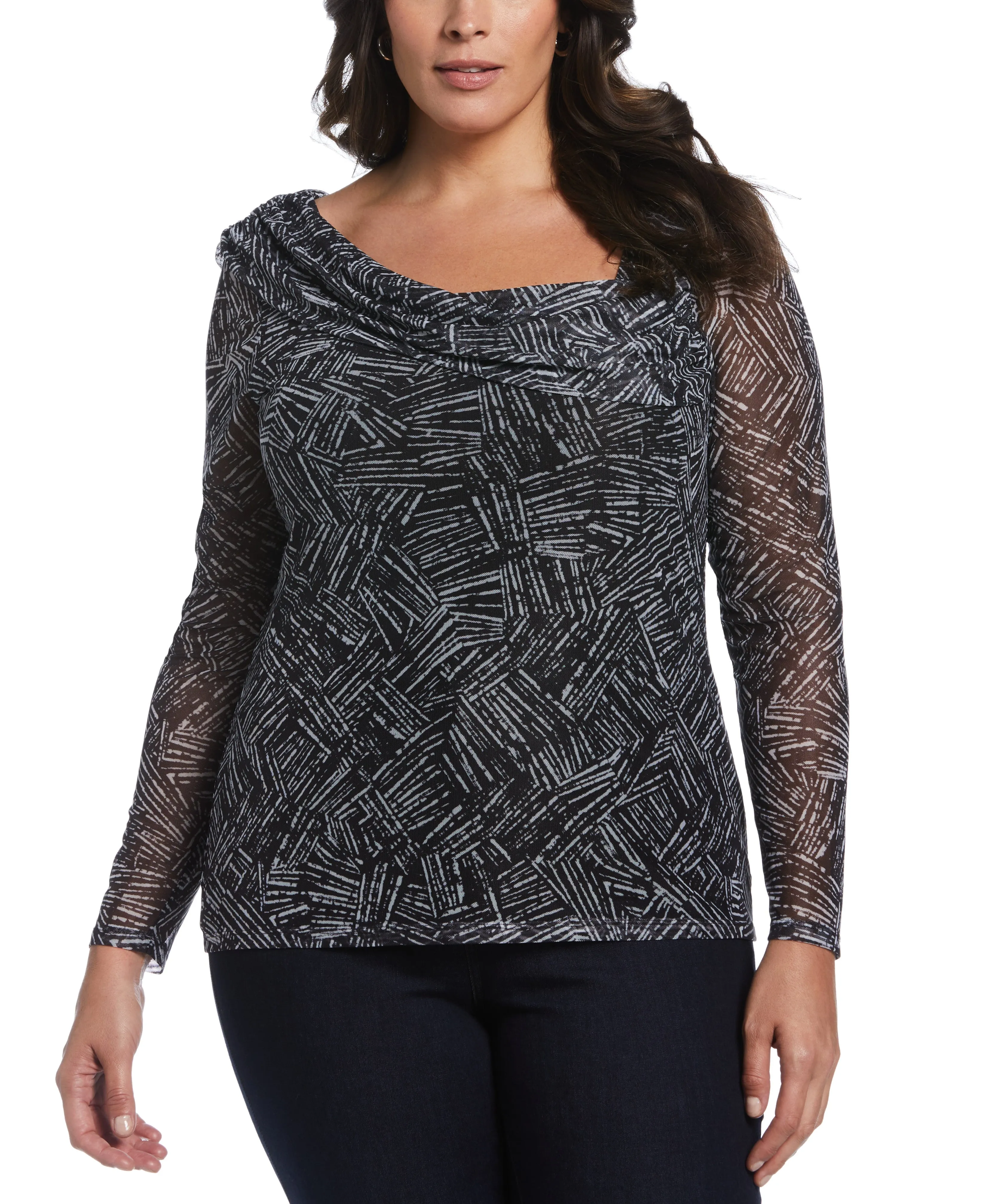 Plus Size Printed Asymmetrical Mesh Top