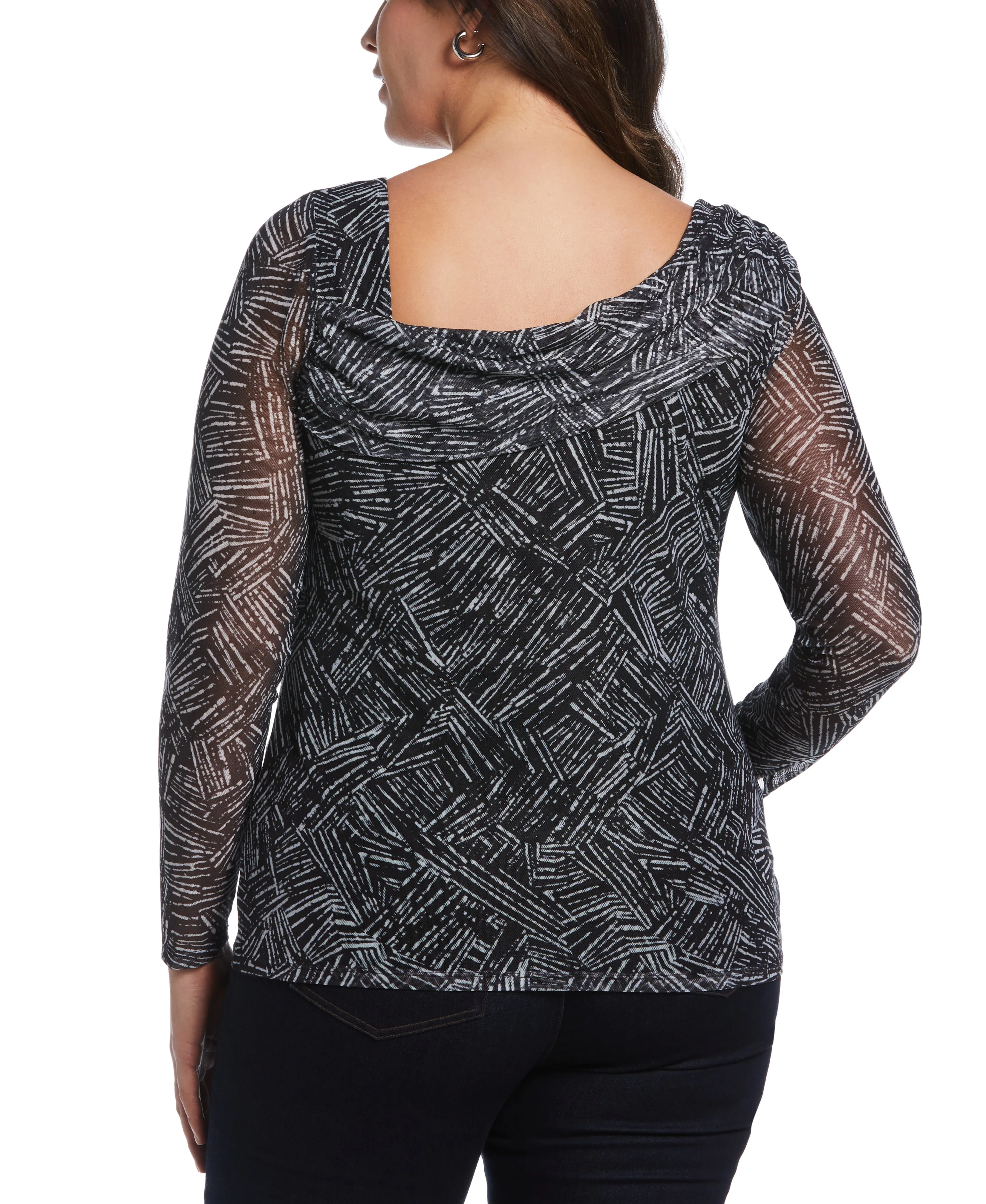 Plus Size Printed Asymmetrical Mesh Top