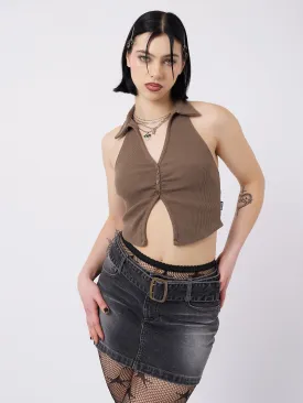 Raya Taupe Halter Neck Collar Top