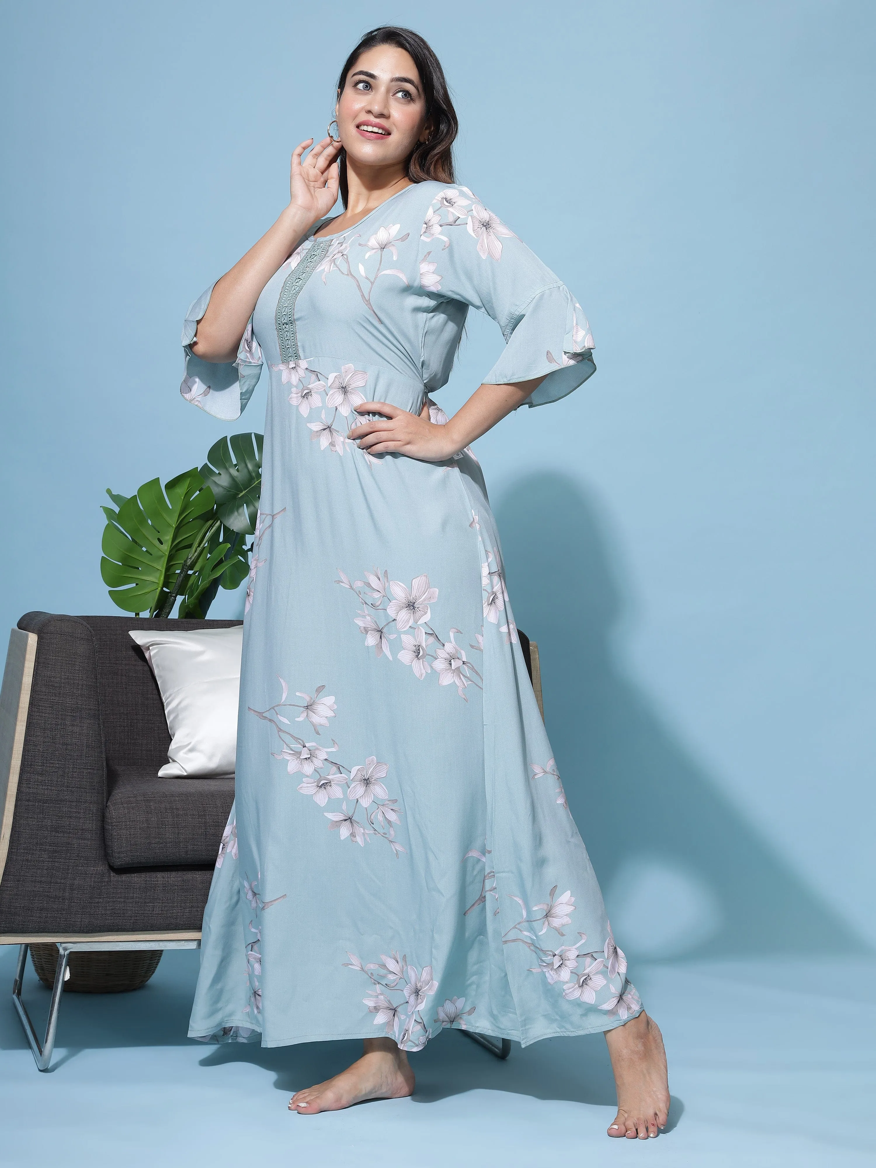 Rayon Designer Maxi Green Nighty