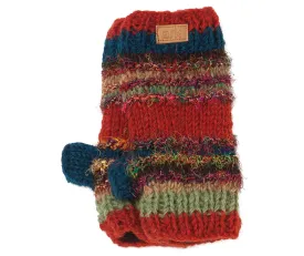 Red and green Hand Warmers, Texting mittens, Wool Hand Warmers, striped wool and silk, Fleece lined inside