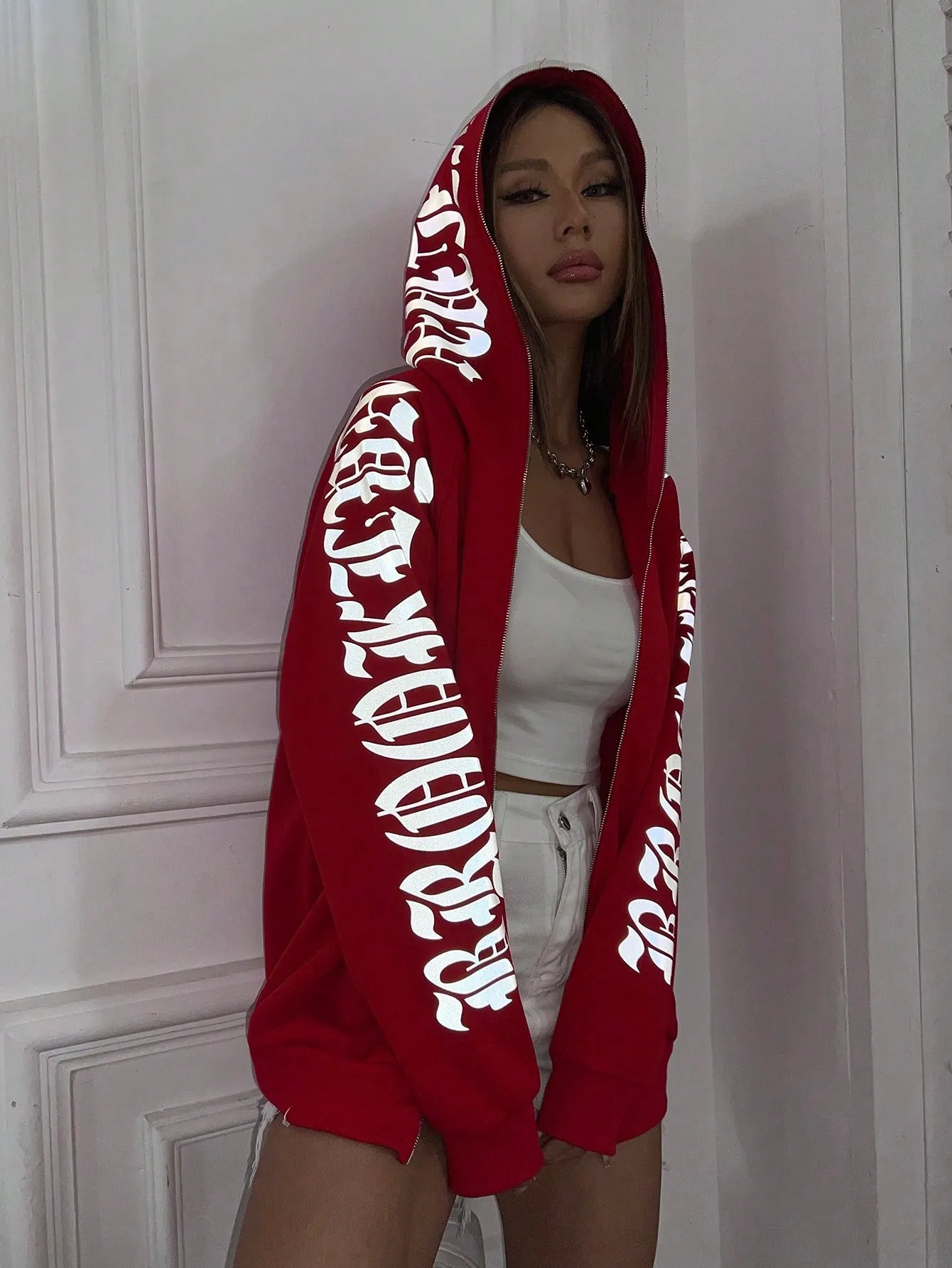 Reflective Graphic Zip Up Hoodie