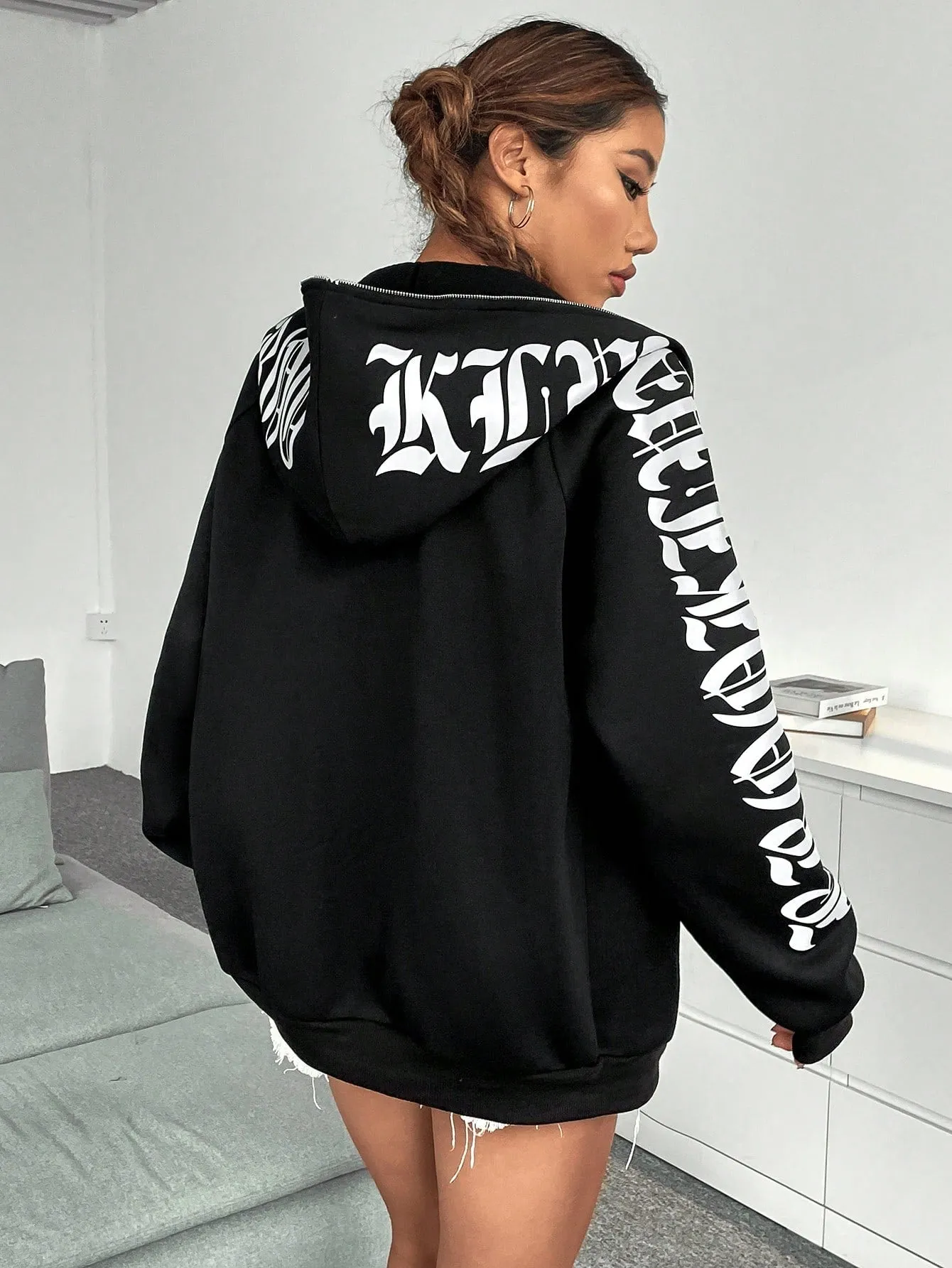 Reflective Graphic Zip Up Hoodie