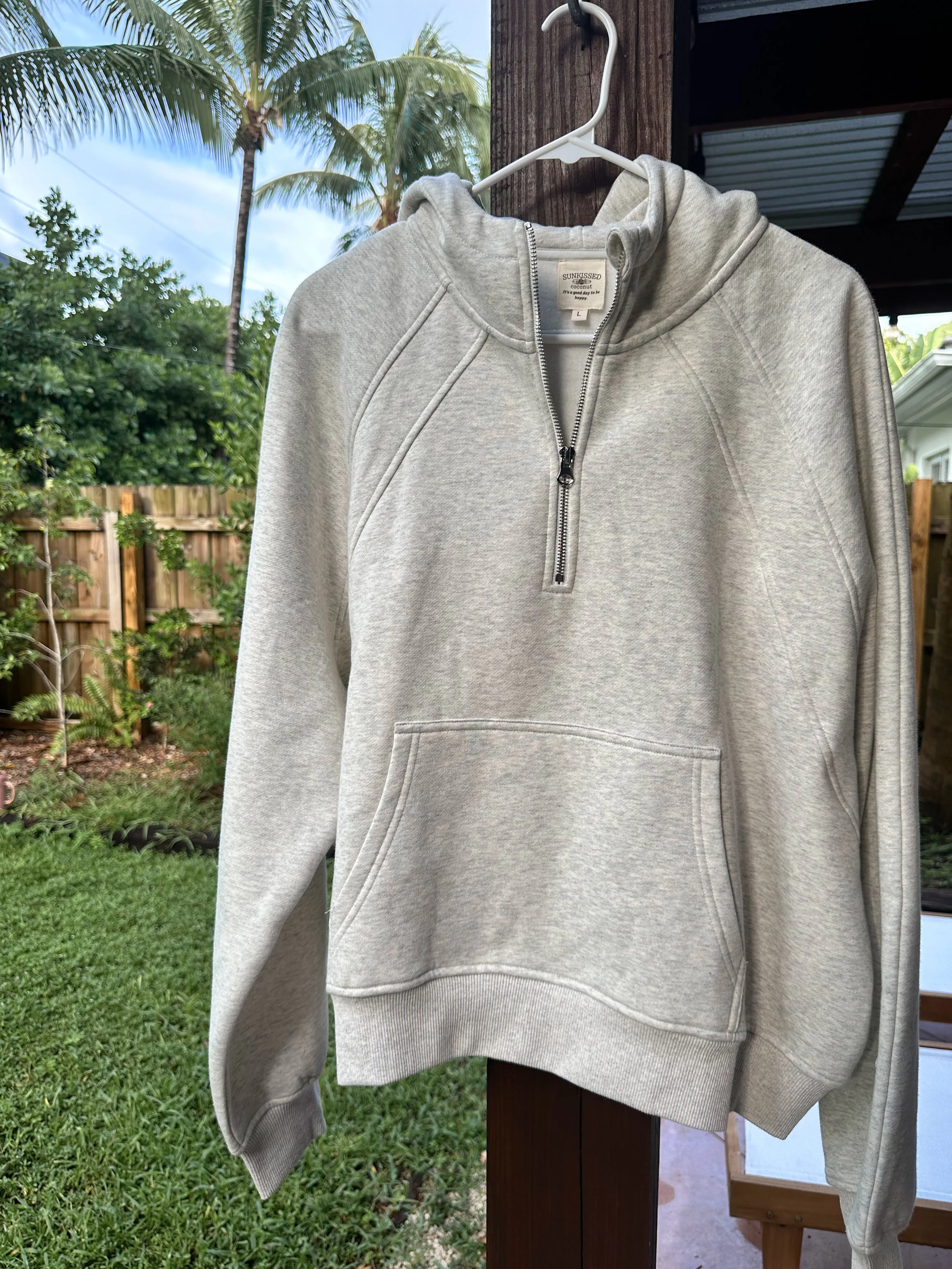 Salty Grey Pilates Detailed Waist Length Quarter Zip Hoodie