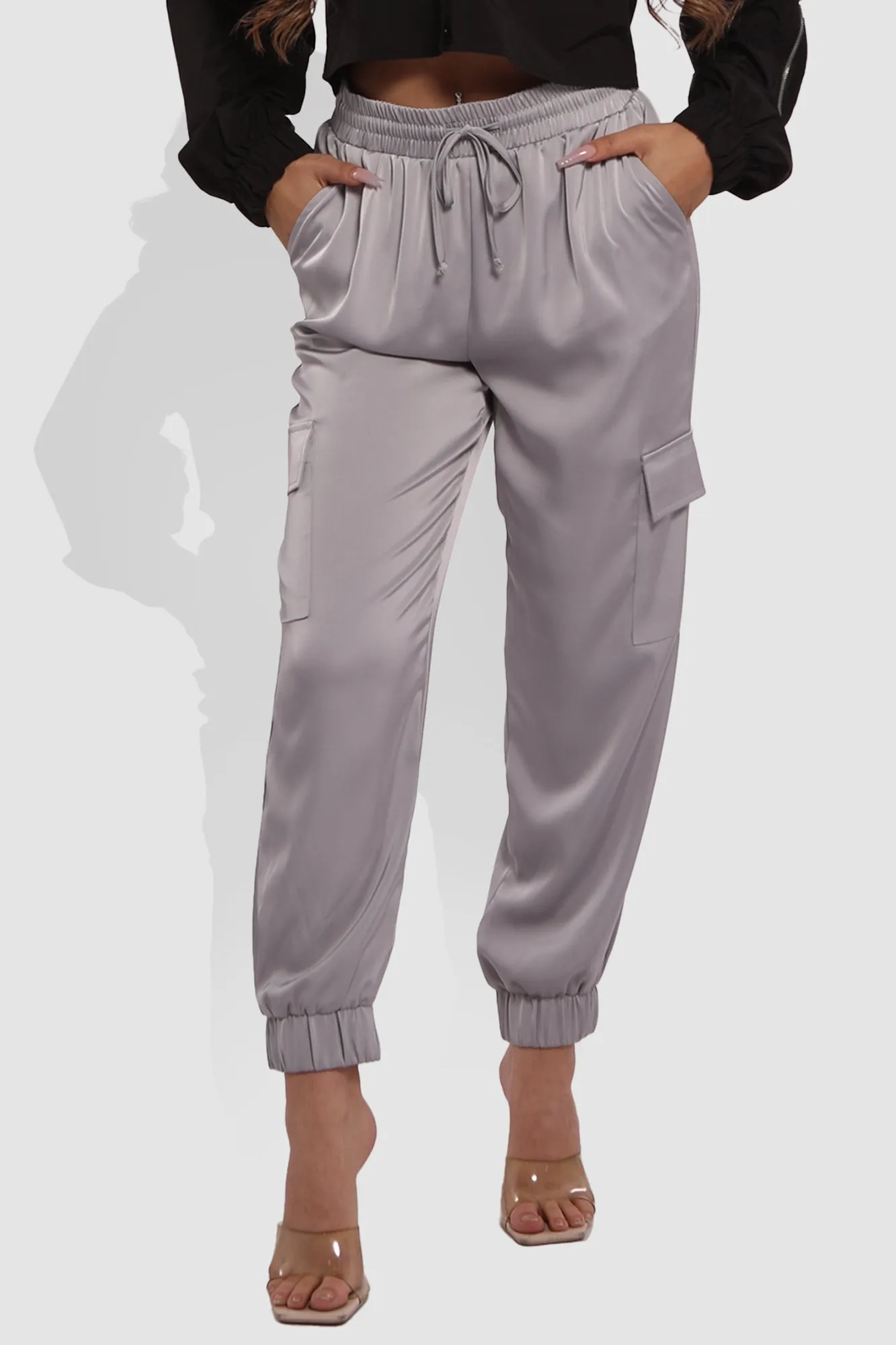 Satin Cargo Joggers With Self Waist Tie - Light Gray