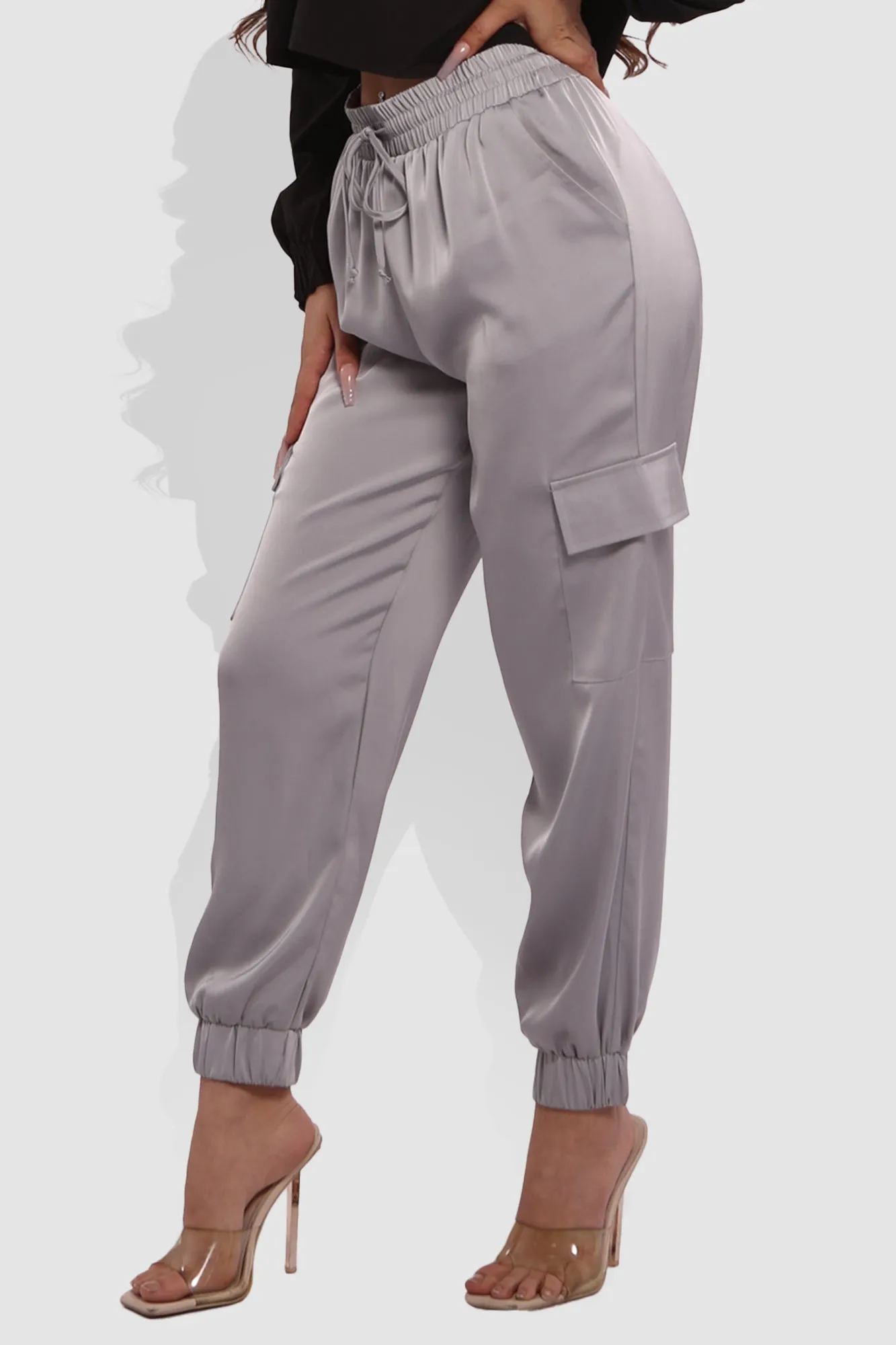 Satin Cargo Joggers With Self Waist Tie - Light Gray