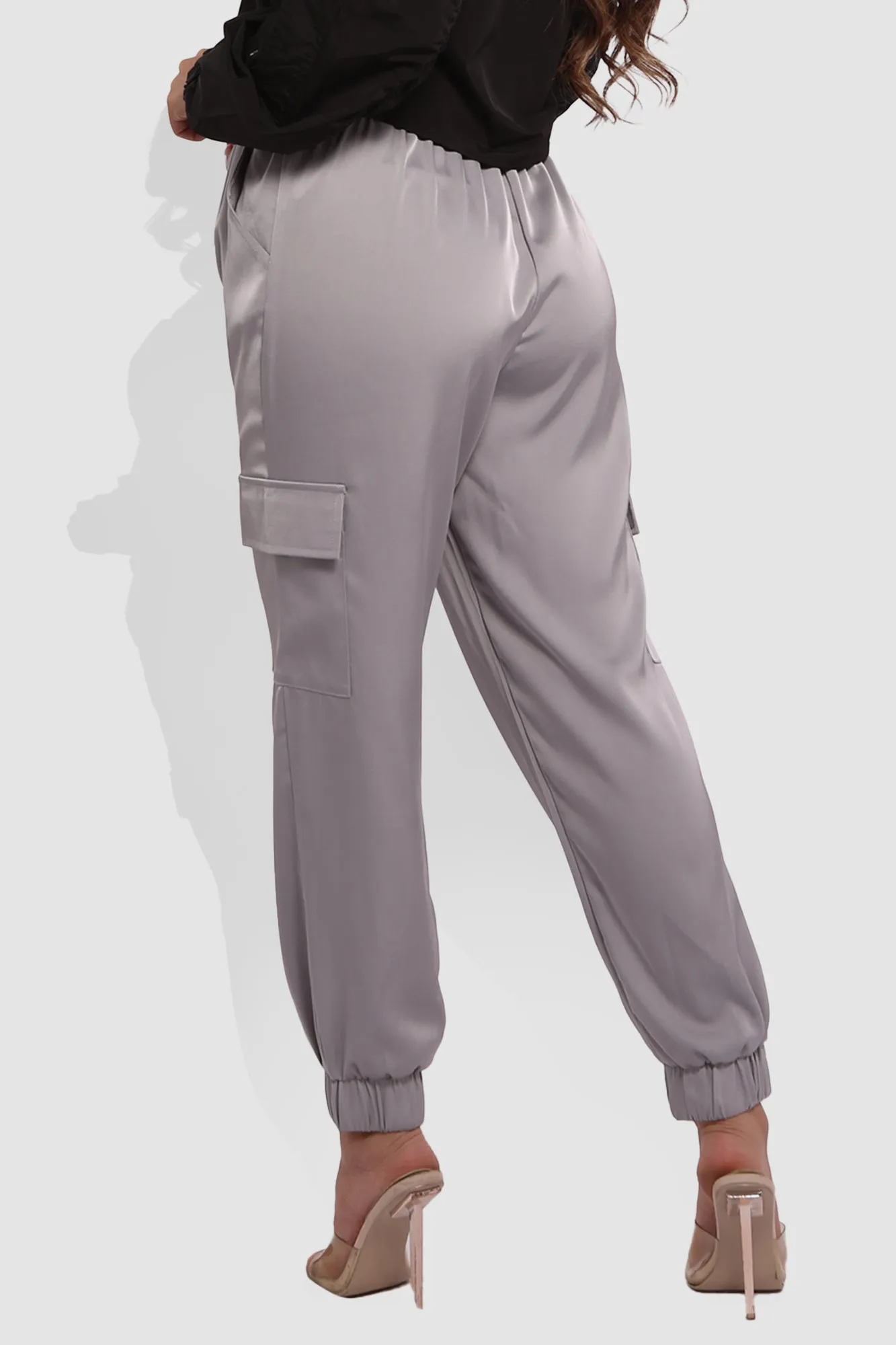 Satin Cargo Joggers With Self Waist Tie - Light Gray