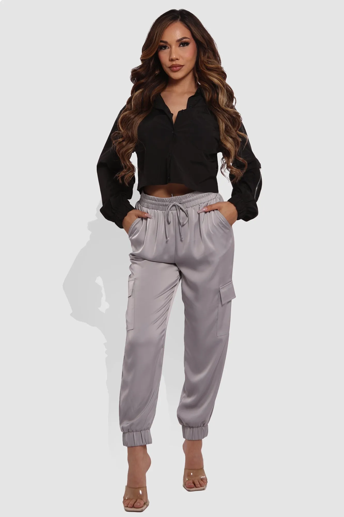 Satin Cargo Joggers With Self Waist Tie - Light Gray