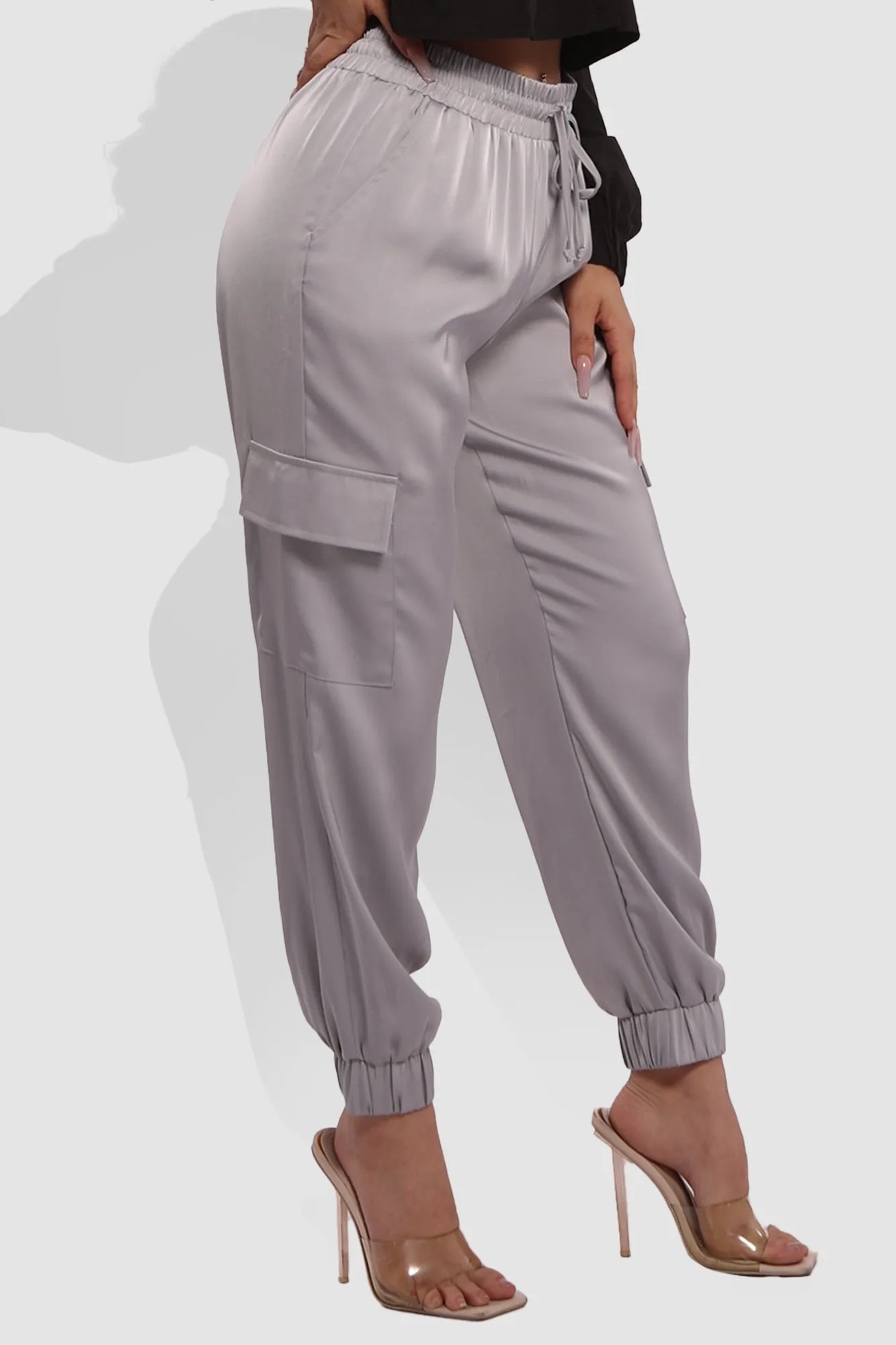 Satin Cargo Joggers With Self Waist Tie - Light Gray