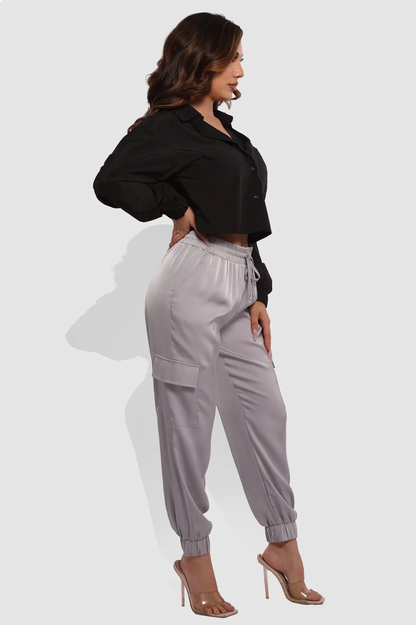 Satin Cargo Joggers With Self Waist Tie - Light Gray