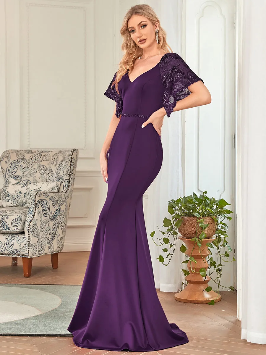 Sexy Maxi Long Deep V Neck Party Dress With Flare Sleeves