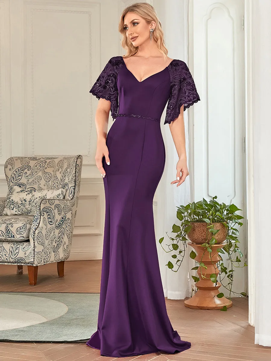 Sexy Maxi Long Deep V Neck Party Dress With Flare Sleeves