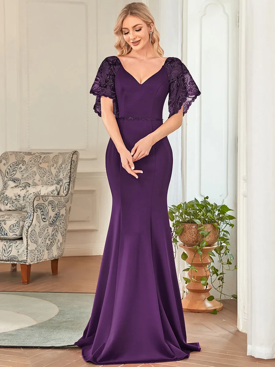 Sexy Maxi Long Deep V Neck Party Dress With Flare Sleeves