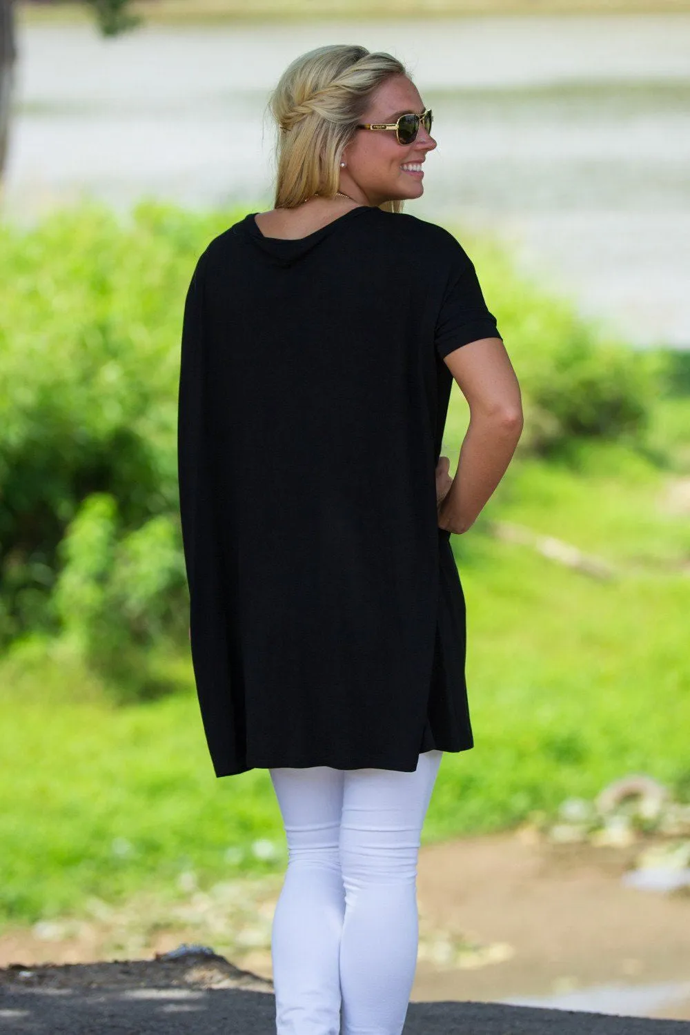 Short Sleeve V-Neck Piko Tunic - Black