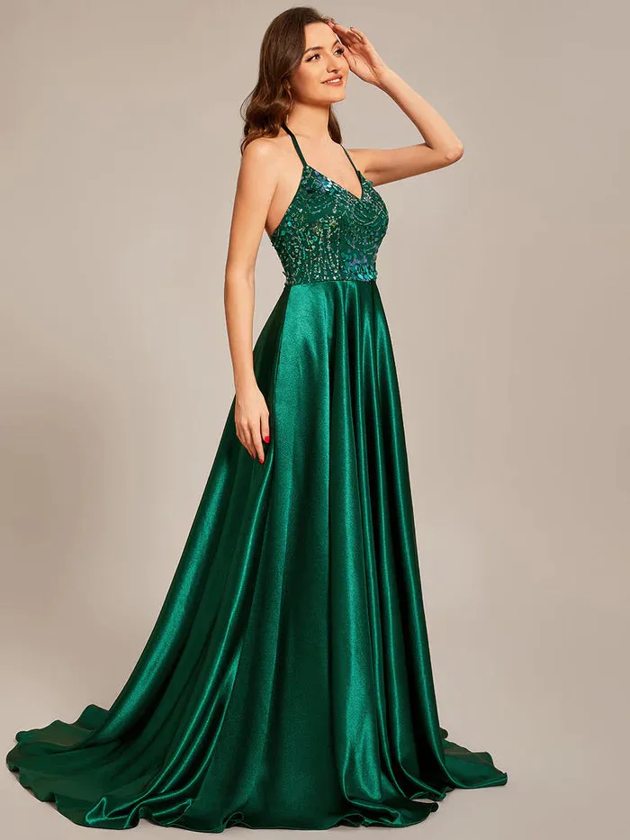 Sleeveless Fit V-Neck A-Line Backless Satin Shiny Custom Evening Dress