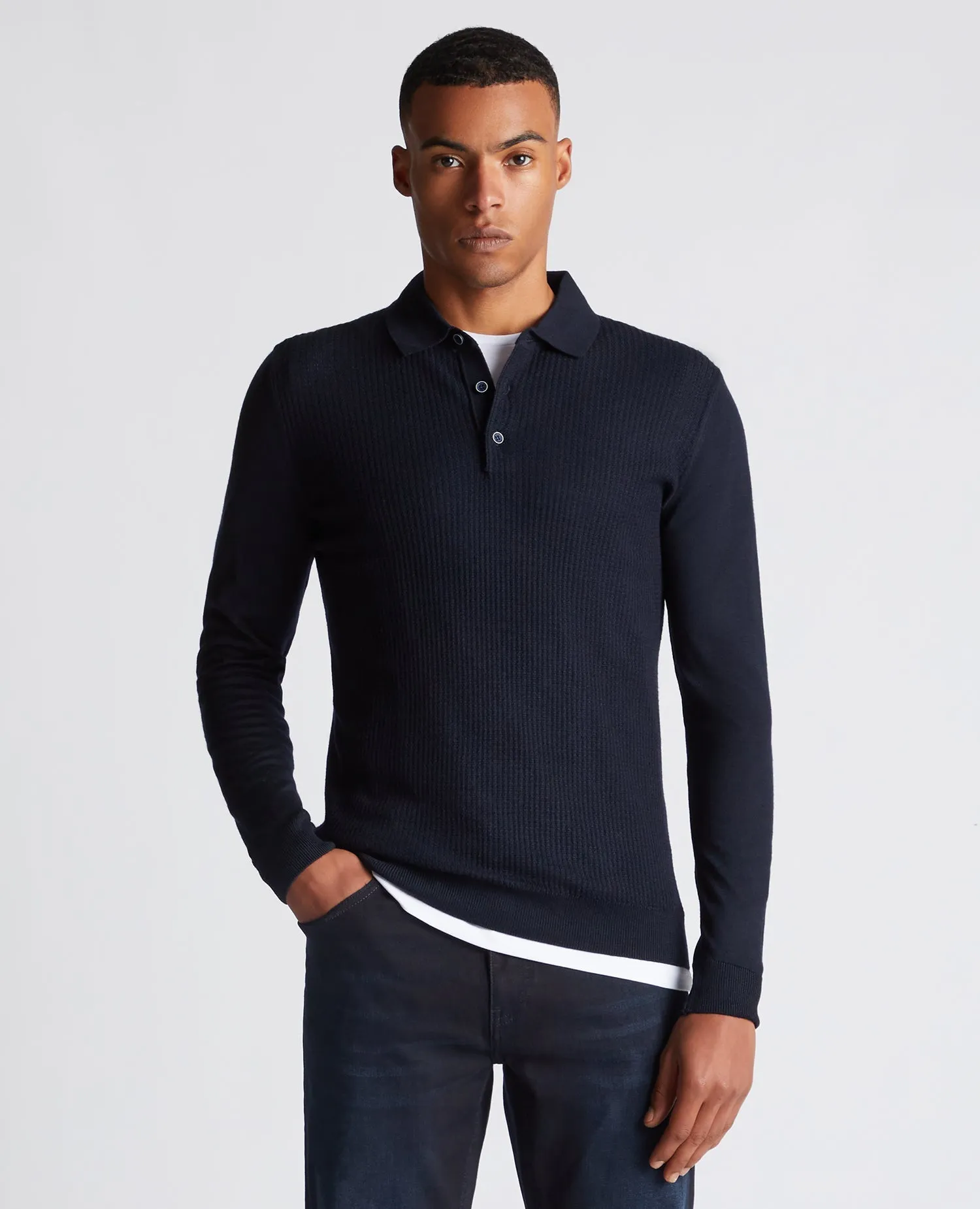 Slim Fit Merino Wool-Blend Long Sleeve Knitted Polo