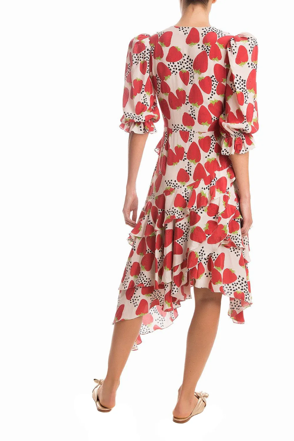 Strawberry Asymmetric Midi Dress With Ruffles