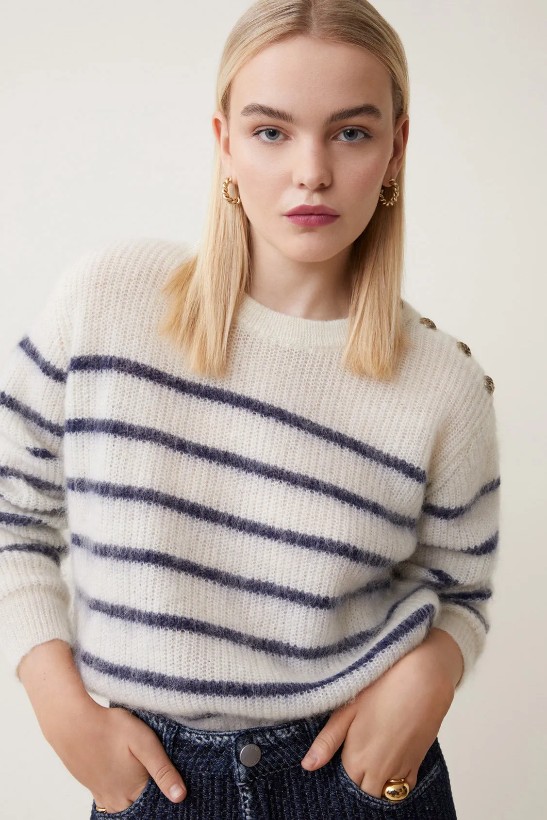 Suncoo Pelino Off White Stripe Knit Jumper