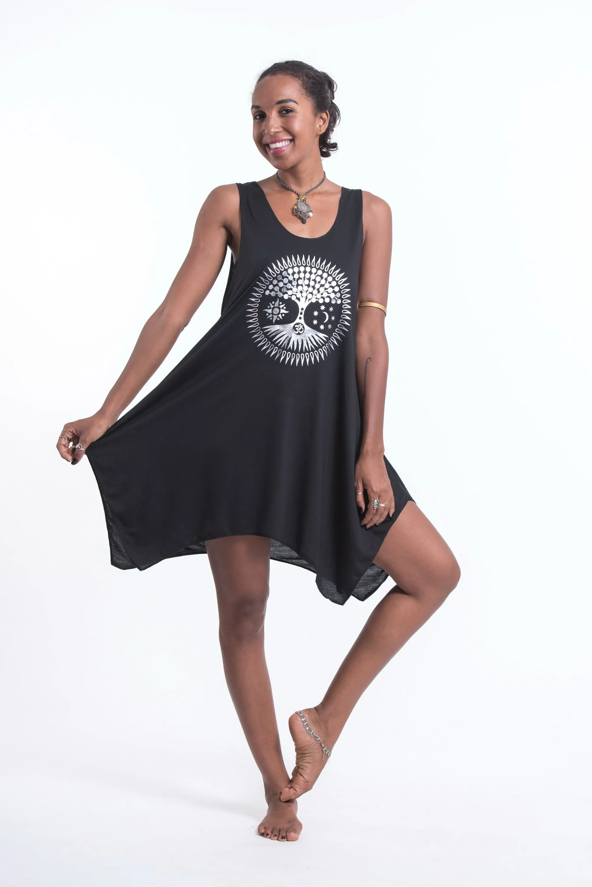 Super Soft Cotton Sun Moon Ohm Tree Tank Dress Silver on Black