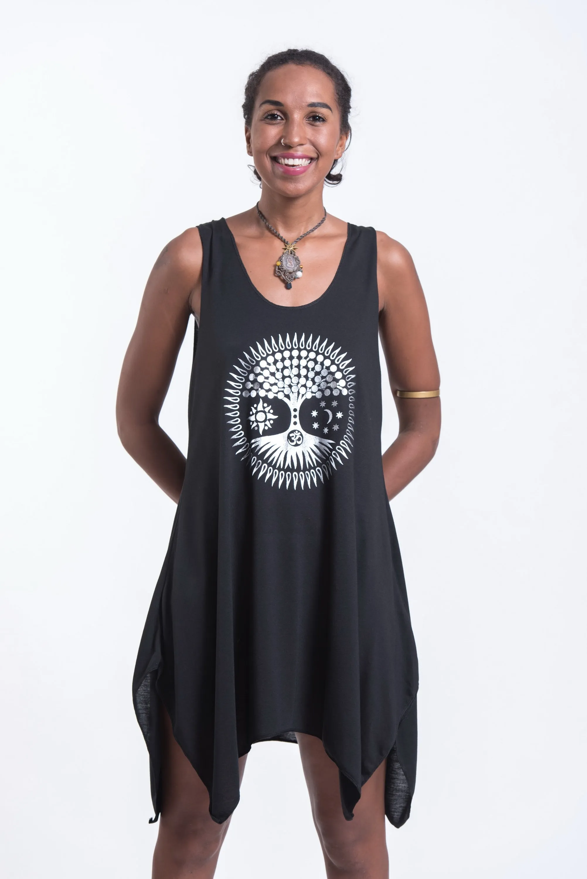 Super Soft Cotton Sun Moon Ohm Tree Tank Dress Silver on Black