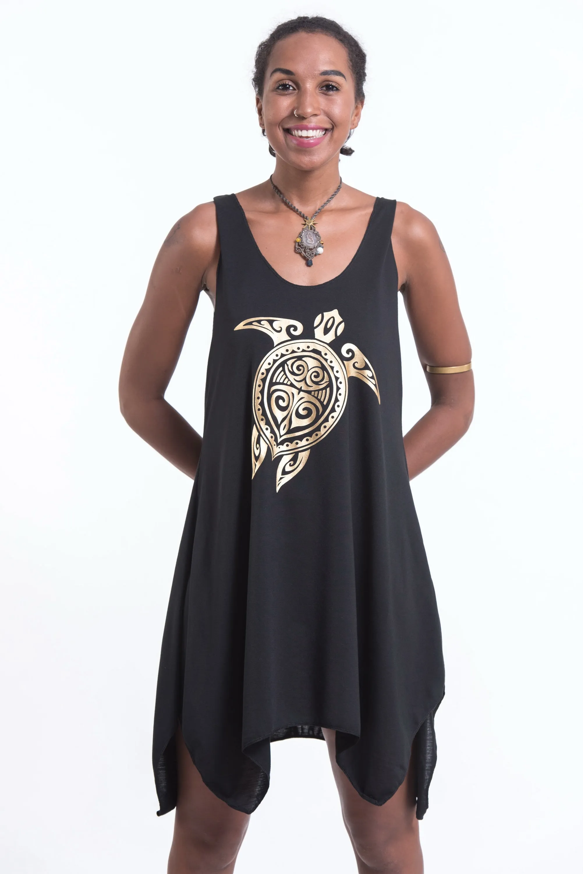 Super Soft Cotton Tribal Turtle Tank Dress Gold on Black