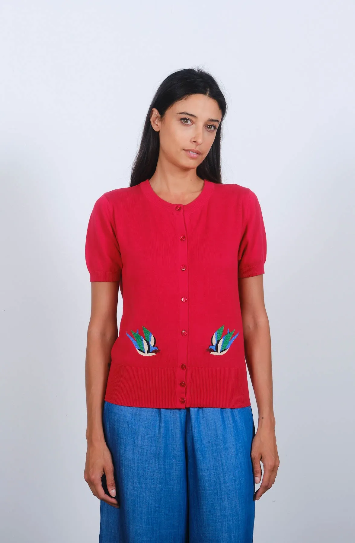 Swallows S/S Cardigan in Toreador Red