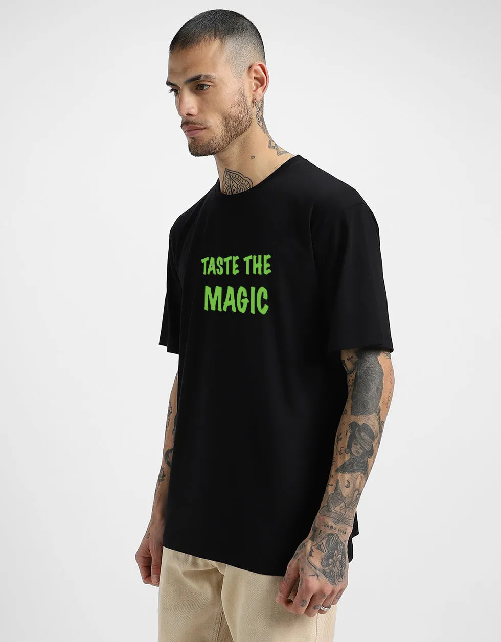 TASTE OF MAGIC Black Back Oversized Graphic Printed Tshirt