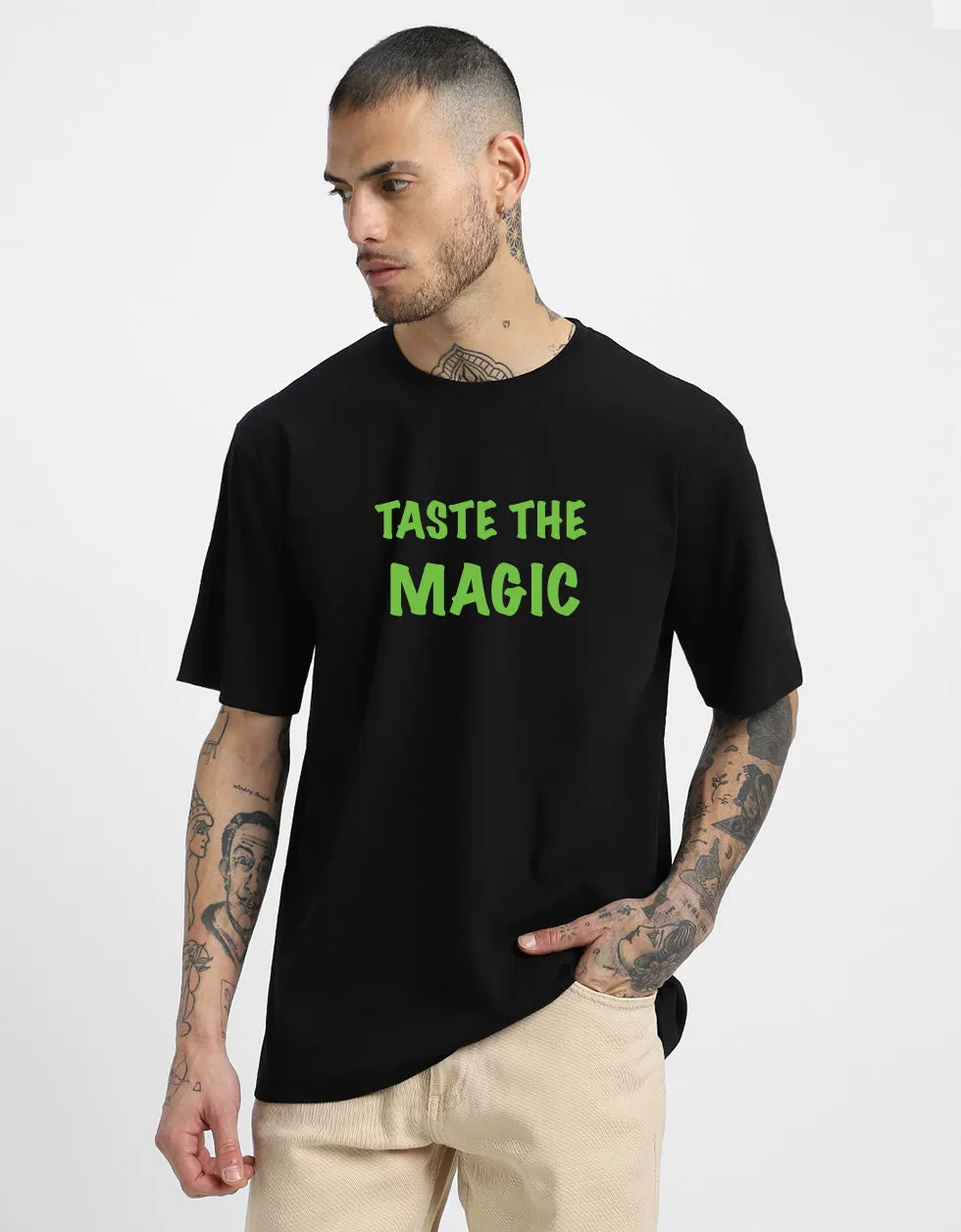 TASTE OF MAGIC Black Back Oversized Graphic Printed Tshirt