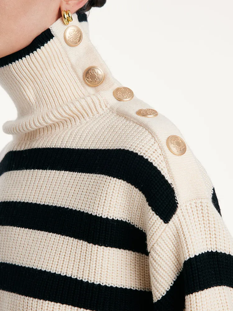 Thermostatic Wool Loose Striped Button-Shoulder Sweater