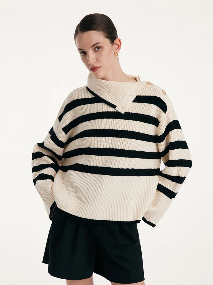 Thermostatic Wool Loose Striped Button-Shoulder Sweater