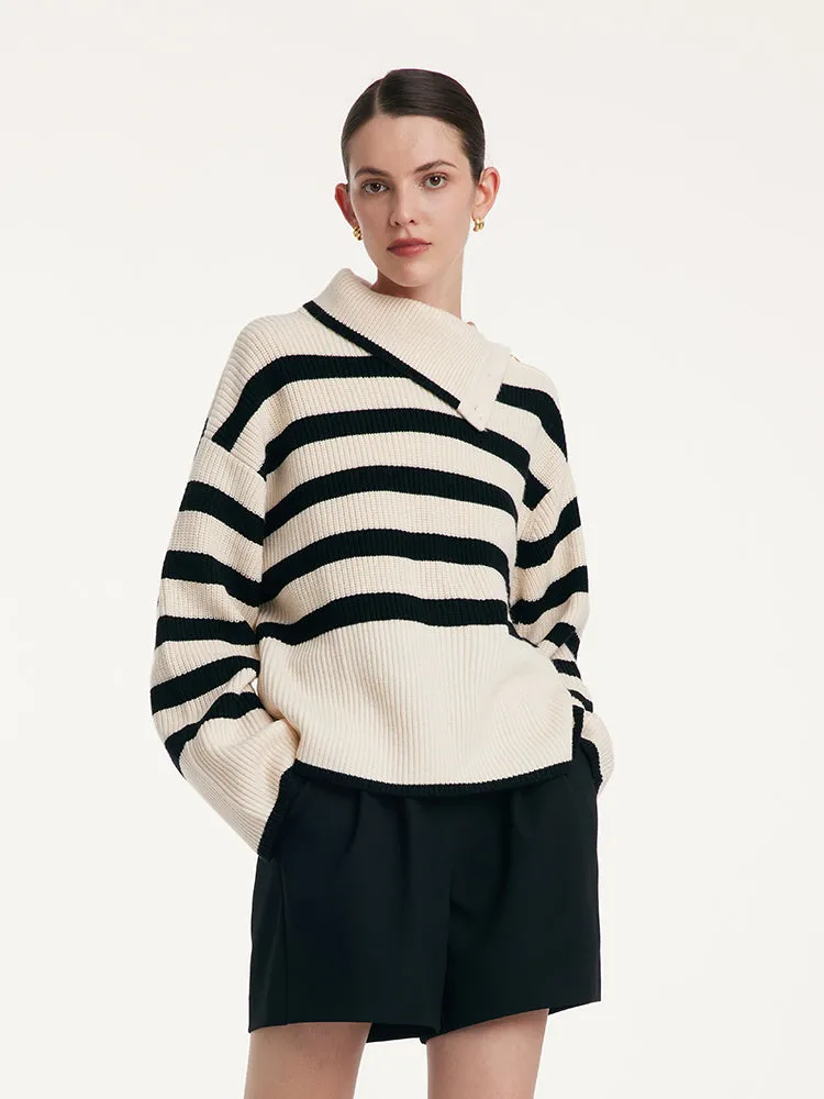 Thermostatic Wool Loose Striped Button-Shoulder Sweater