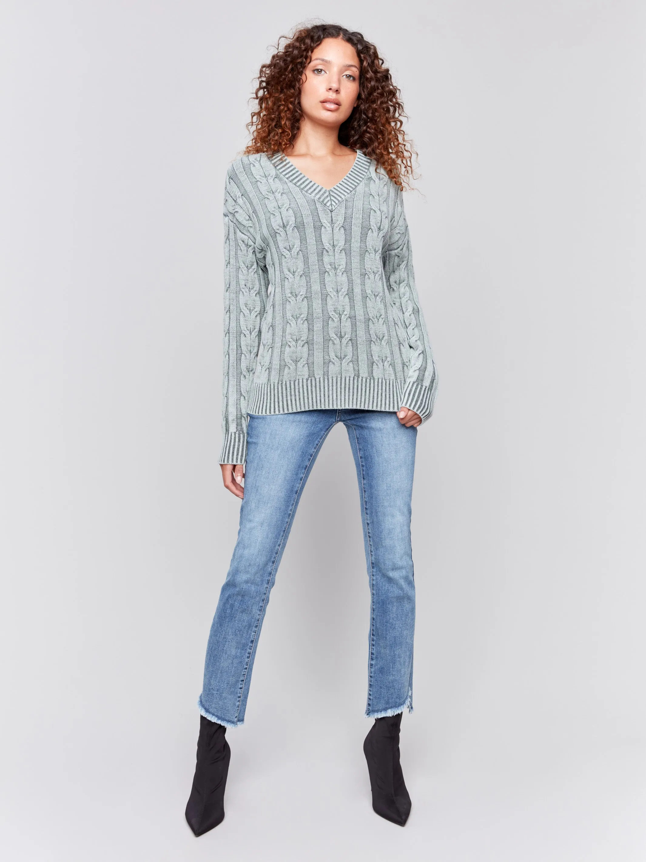 V-Neck Cable Knit Sweater - Spruce