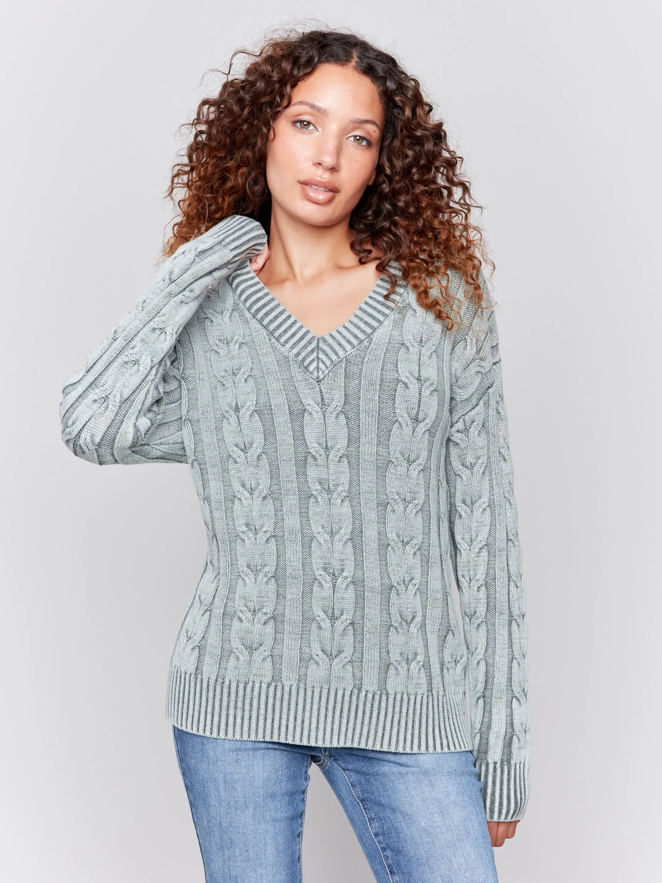 V-Neck Cable Knit Sweater - Spruce