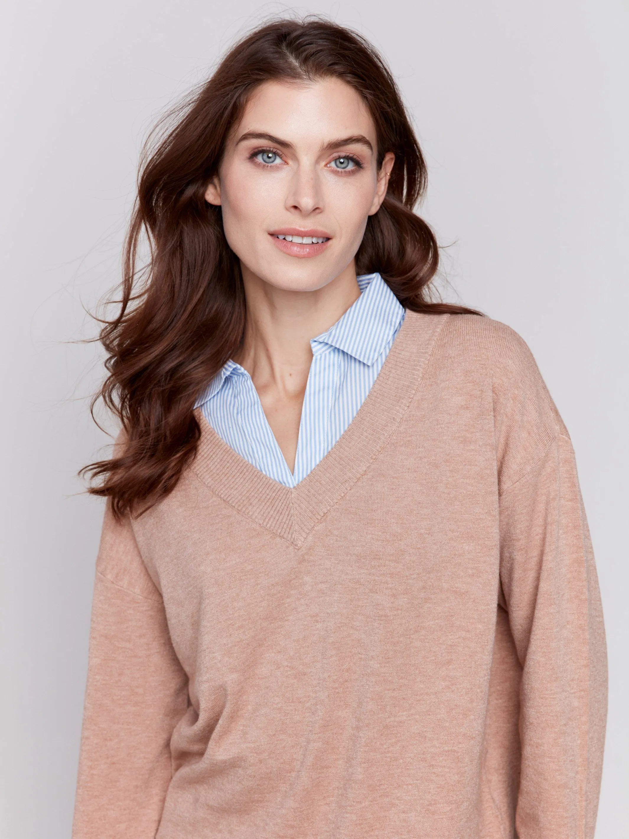 V-Neck Fooler Sweater with Shirt Collar - Caramel