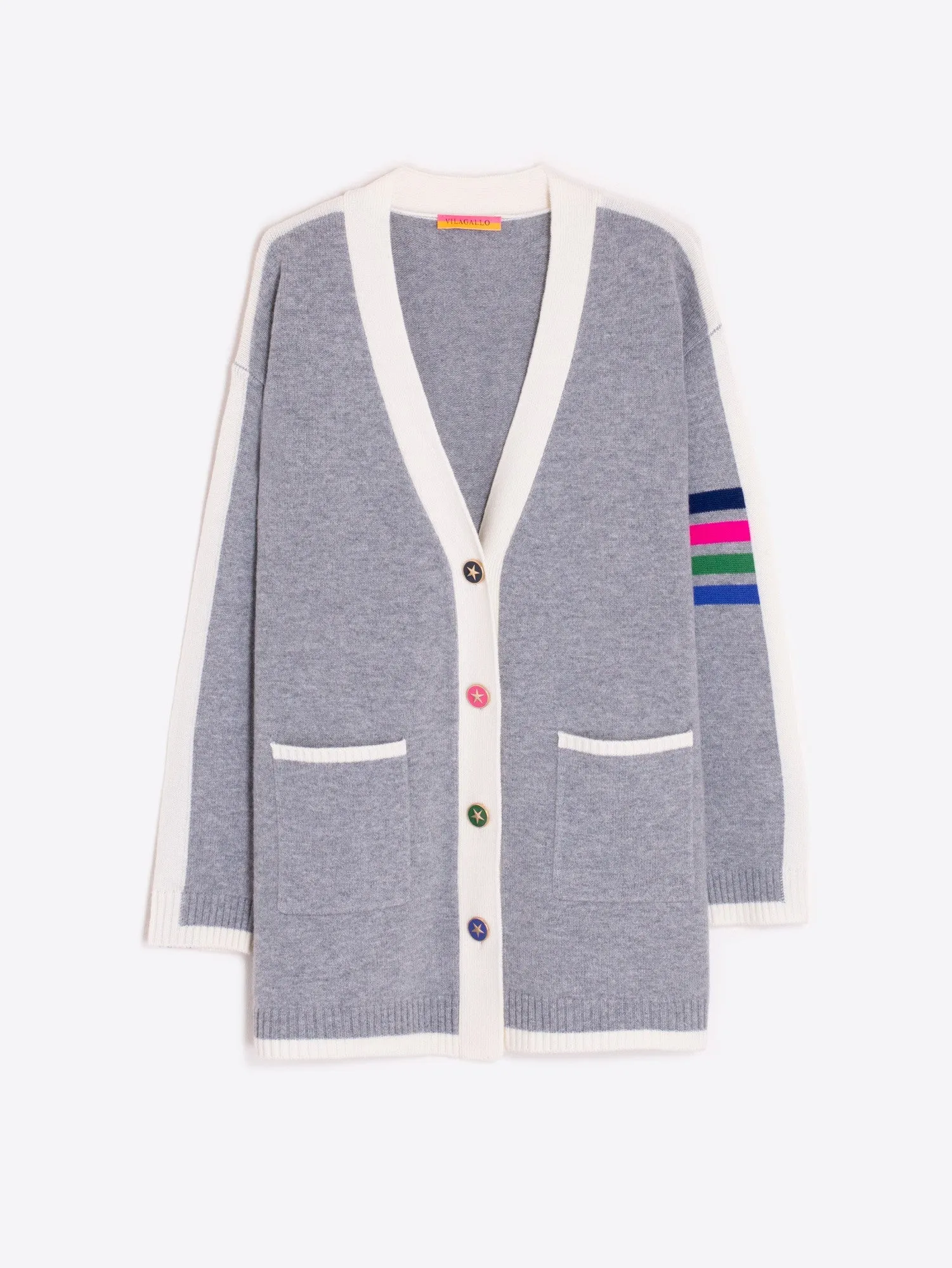 Vilagallo Four Stripes Grey Pure Wool Cardigan