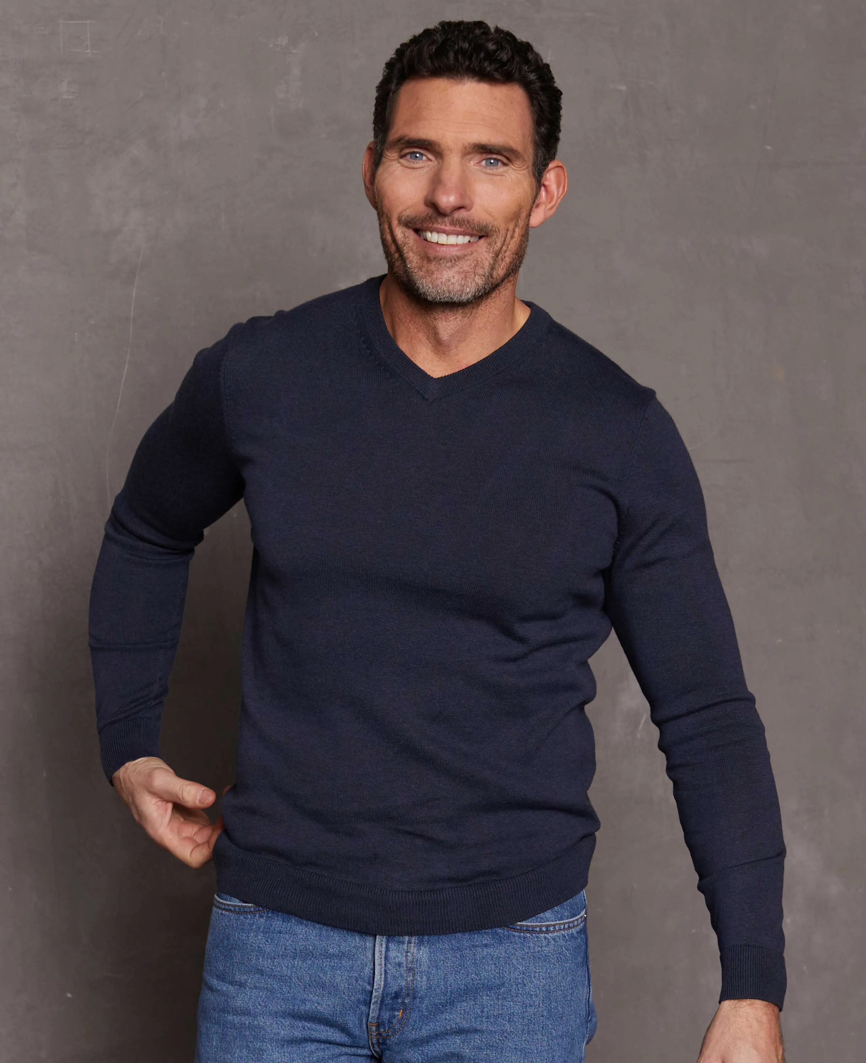 Washed Navy Cotton-Blend V-Neck Jumper