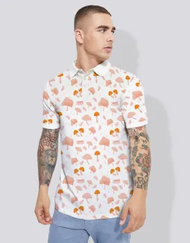 White All Over Floral Printed Polo T-Shirt