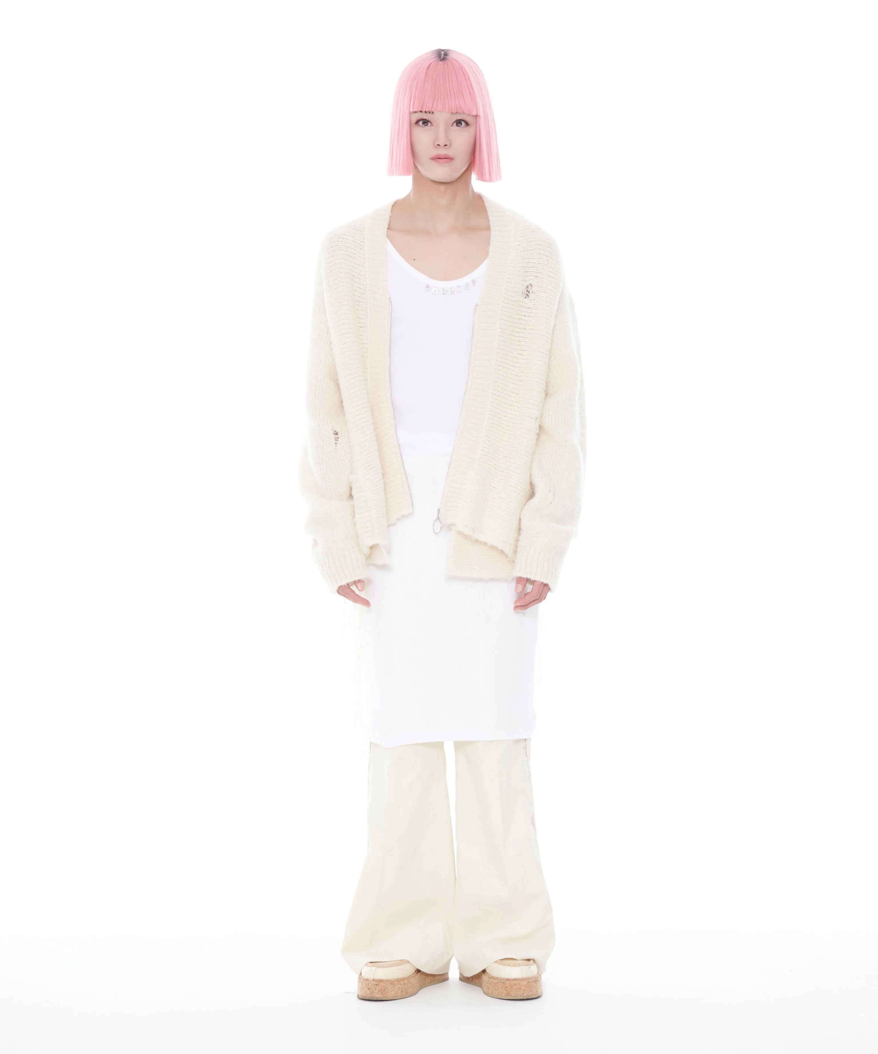 ZIP UP FUR YARN CARDIGAN "WHITE"